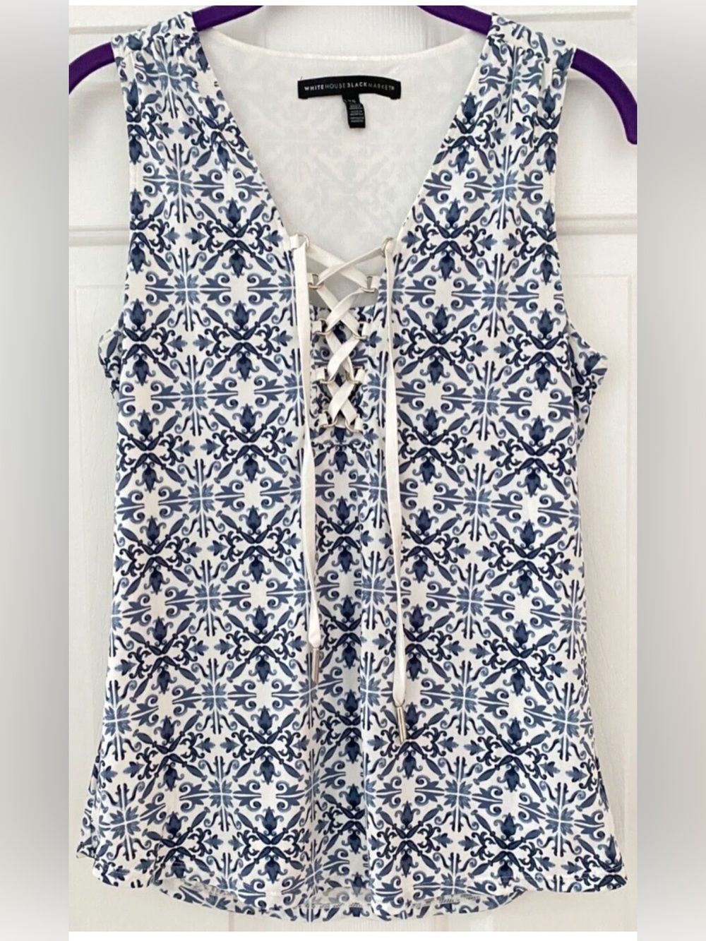 White House Black Market Navy and White Lace-Up Tile Print Sleeveless Tank